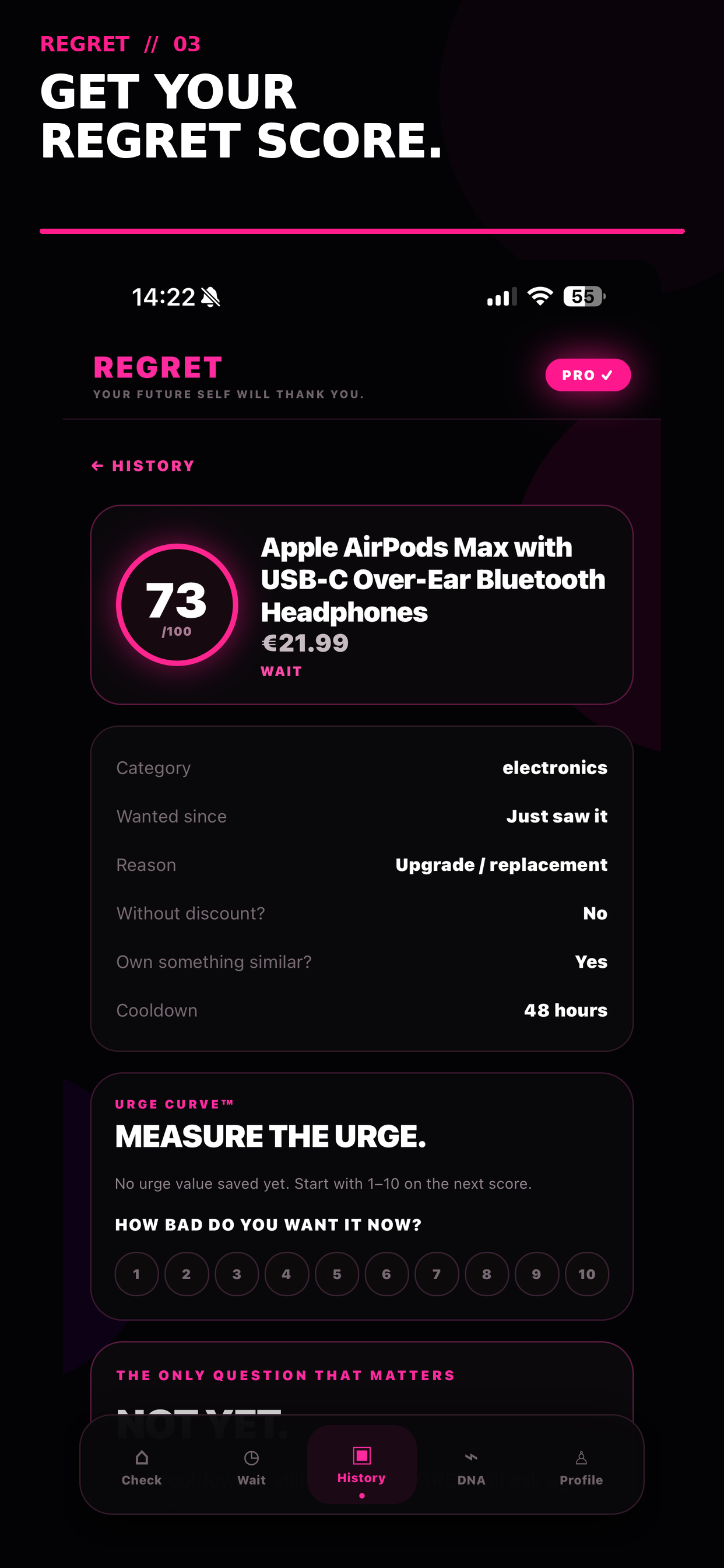 REGRET App zeigt einen Regret Score